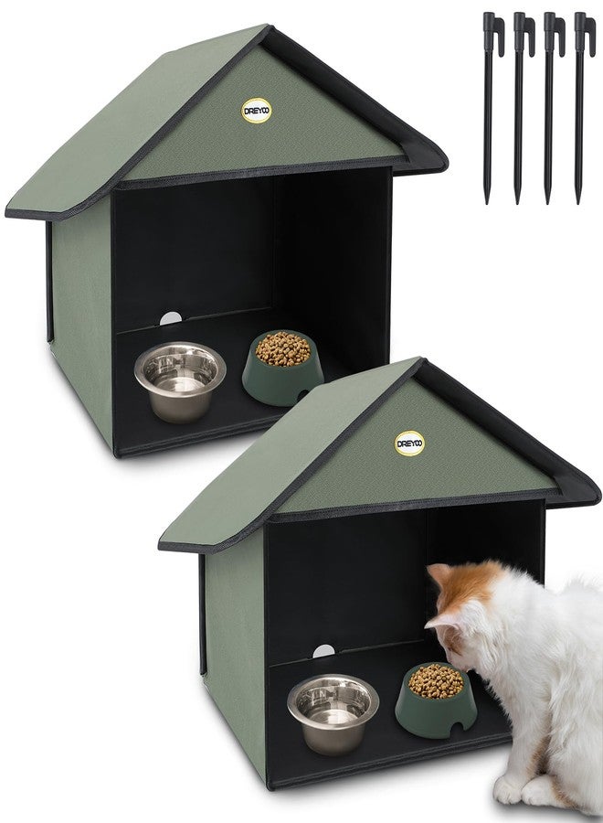 Dreyoo محطة تغذية القطط الخارجية من دريو للطعام والماء، مأوى خارجي مقاوم للعوامل الجوية للقطط الضالة والمتوحشة وقطط المجتمع، 13 بوصة عمق × 17 بوصة عرض × 15.5 بوصة ارتفاع (أخضر داكن) - Image 1